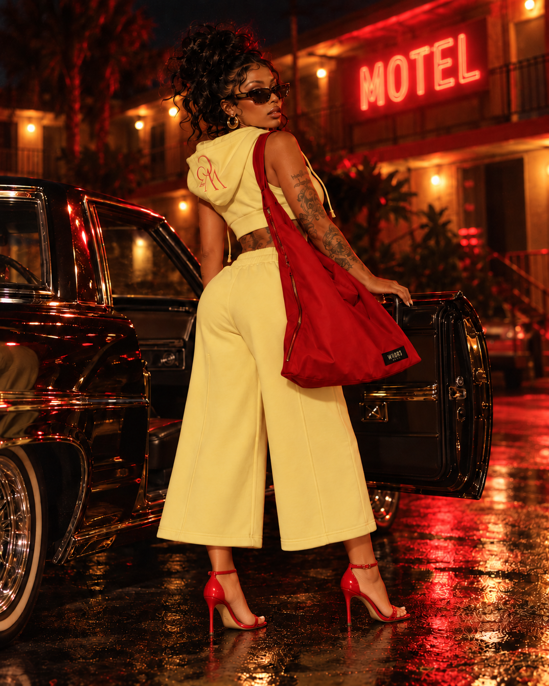 Standing at the vintage car door with the red monogram duffel under the MOTEL sign